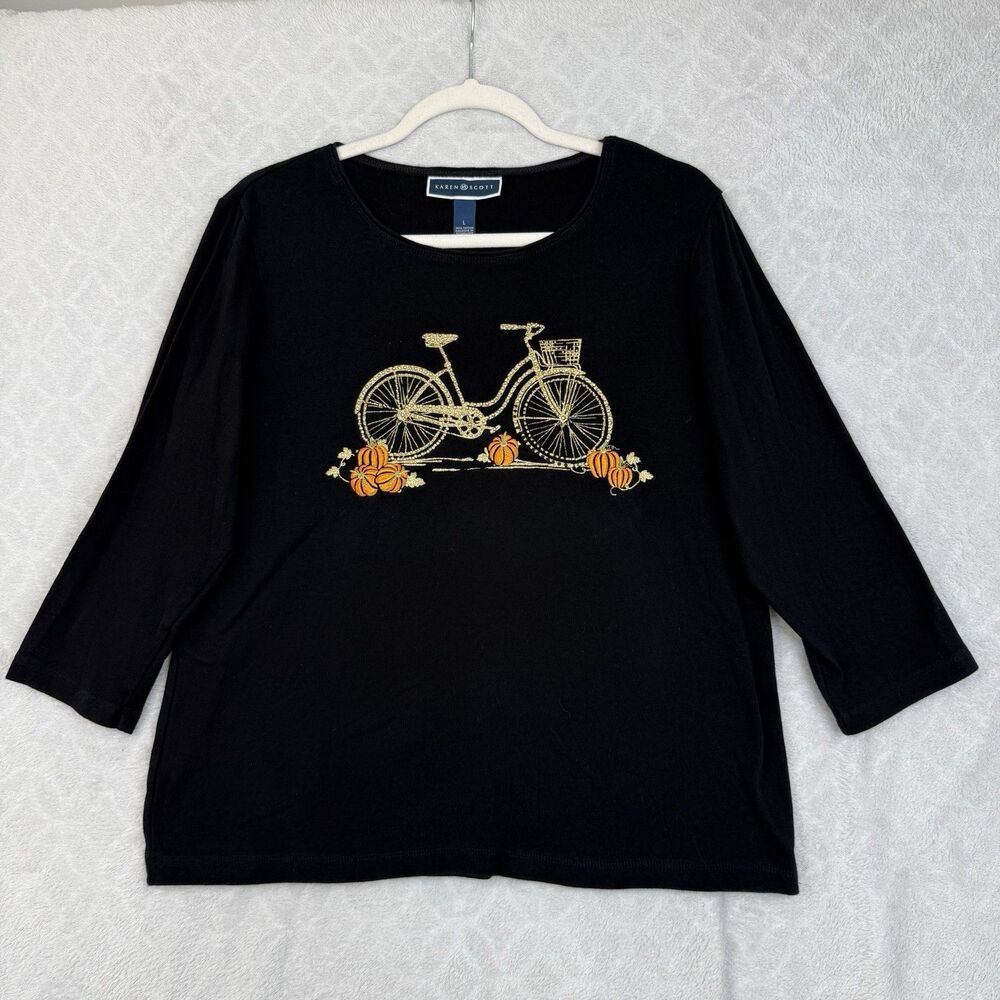 Karen Scott Fall Pumpkin Top Womens L Glitter Gold Rhinestone 3/4 Sleeve Bicycle